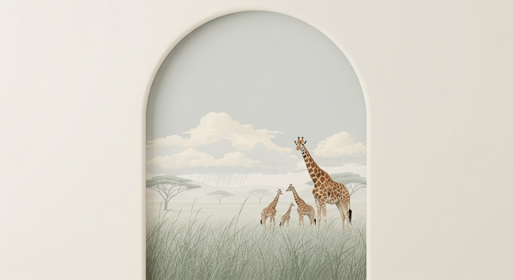 Giraffe Family and Cloudy Savanna Sky Wall Mural