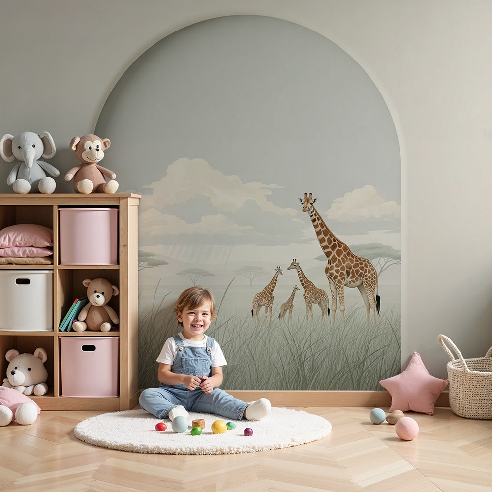 Kids-Mundo giraffe wall mural with mother giraffe and calves shown in a warm nursery room