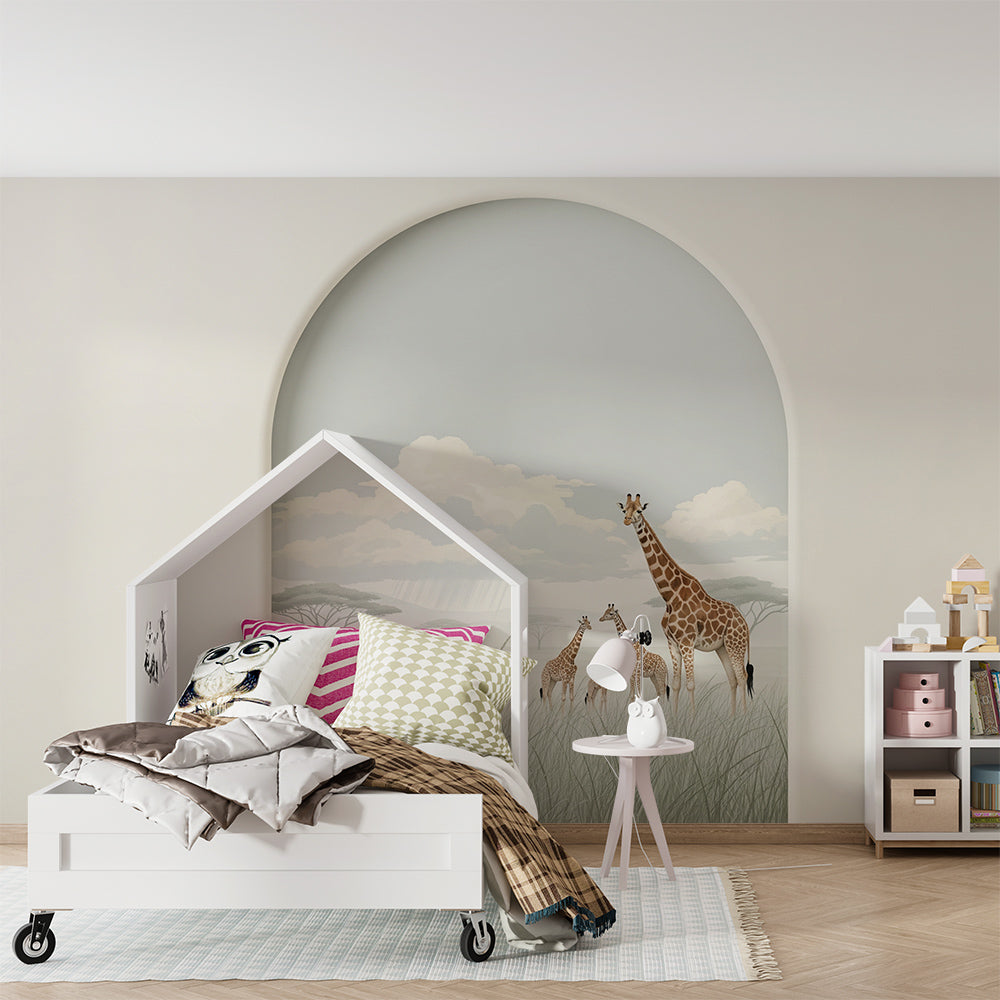 Kids-Mundo giraffe wall mural bringing a calm savanna family scene into a cosy playroom