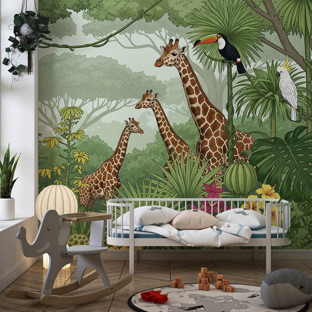 Kids-Mundo giraffe jungle wall mural with toucans behind a bed in a child's bedroom