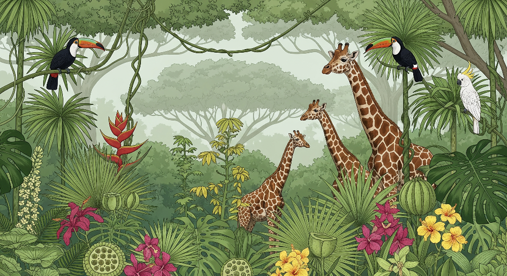 Flat artwork of the Kids-Mundo giraffe family jungle wall mural with toucans and a cockatoo