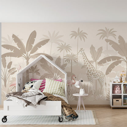 Kids-Mundo tropical jungle wall mural made to measure on a feature wall in a kids bedroom