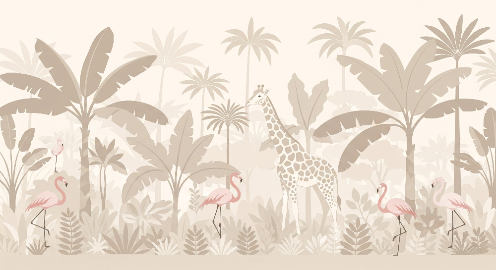 Kids-Mundo flat artwork preview of the giraffe and flamingo tropical jungle mural