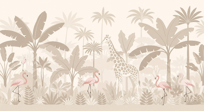 Kids-Mundo flat artwork preview of the giraffe and flamingo tropical jungle mural