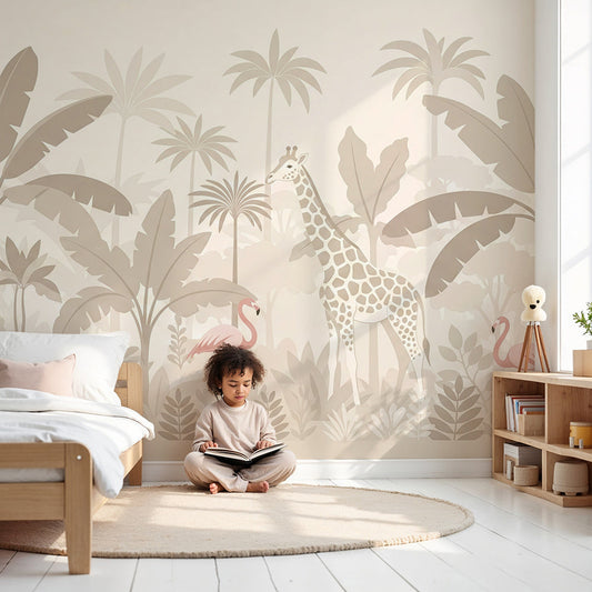 Kids-Mundo giraffe and flamingo jungle wall mural made to measure in a neutral nursery
