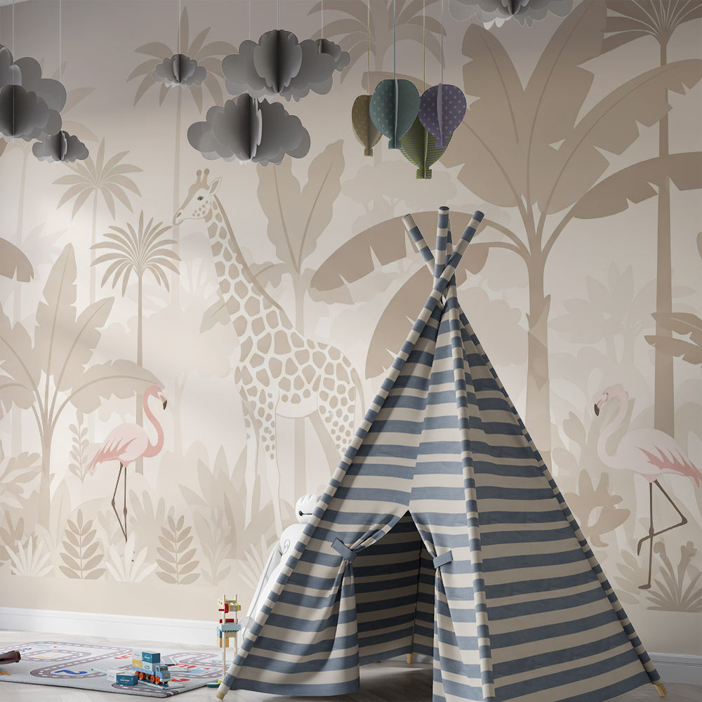 Kids-Mundo giraffe jungle mural made to measure, styled on a playroom accent wall today