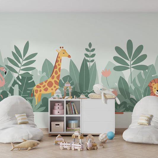 Kids-Mundo flat-style jungle safari mural on a feature wall in a child's bedroom.
