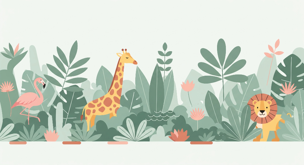 Kids-Mundo flat artwork of a giraffe, flamingo and lion peeking through jungle foliage.