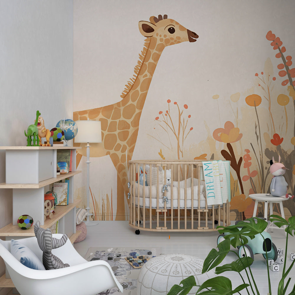 Garden giraffe wallpaper creating dreamy atmosphere in modern baby nursery decor