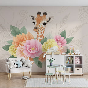 Colorful giraffe and flowers mural wallpaper creating joyful kids bedroom atmosphere