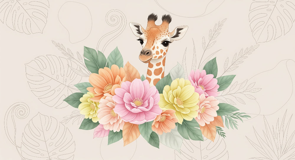 Detailed giraffe and colorful flowers mural wallpaper design pattern by Kids-Mundo