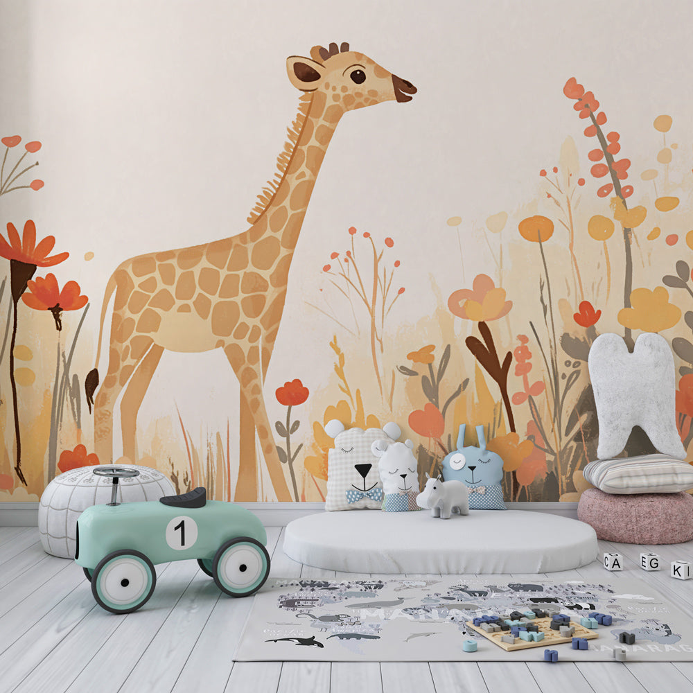 Floral giraffe mural wallpaper with pastel flowers in cozy toddler bedroom setting