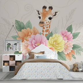 Nature-themed giraffe wallpaper with vibrant blooms in children's playroom setting