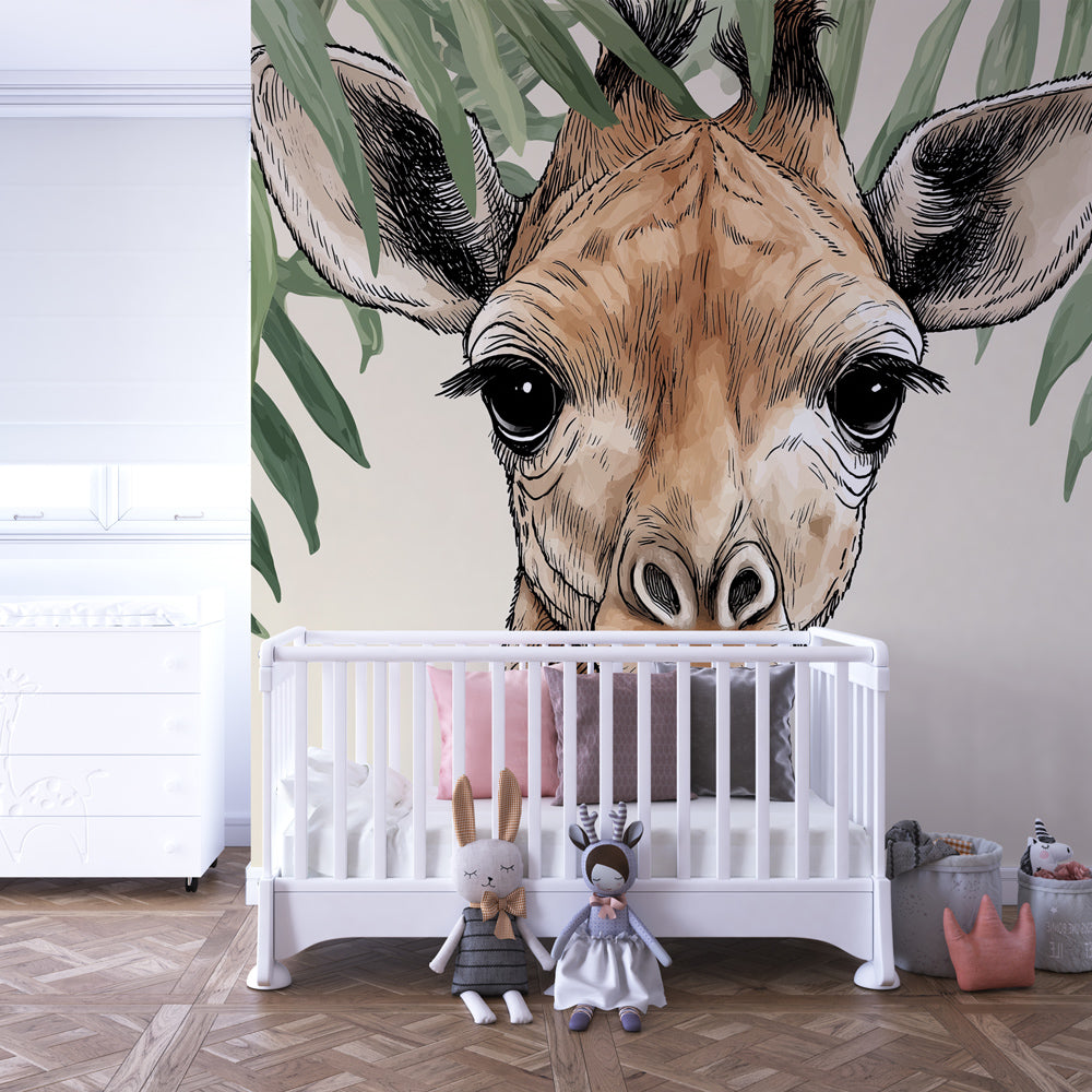 Safari giraffe mural wallpaper creating peaceful children's bedroom with nature theme decor