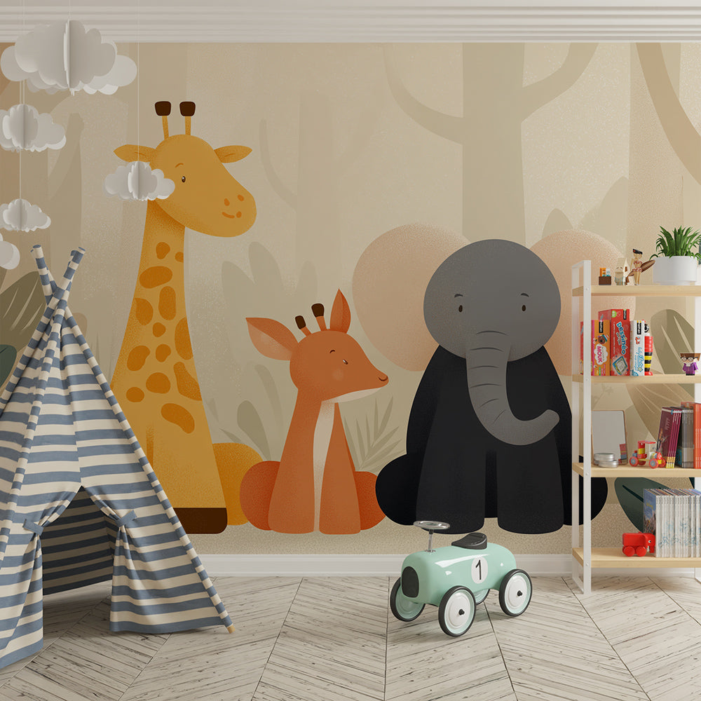 Kids-Mundo jungle friends wall mural featured in a warm kids bedroom scene