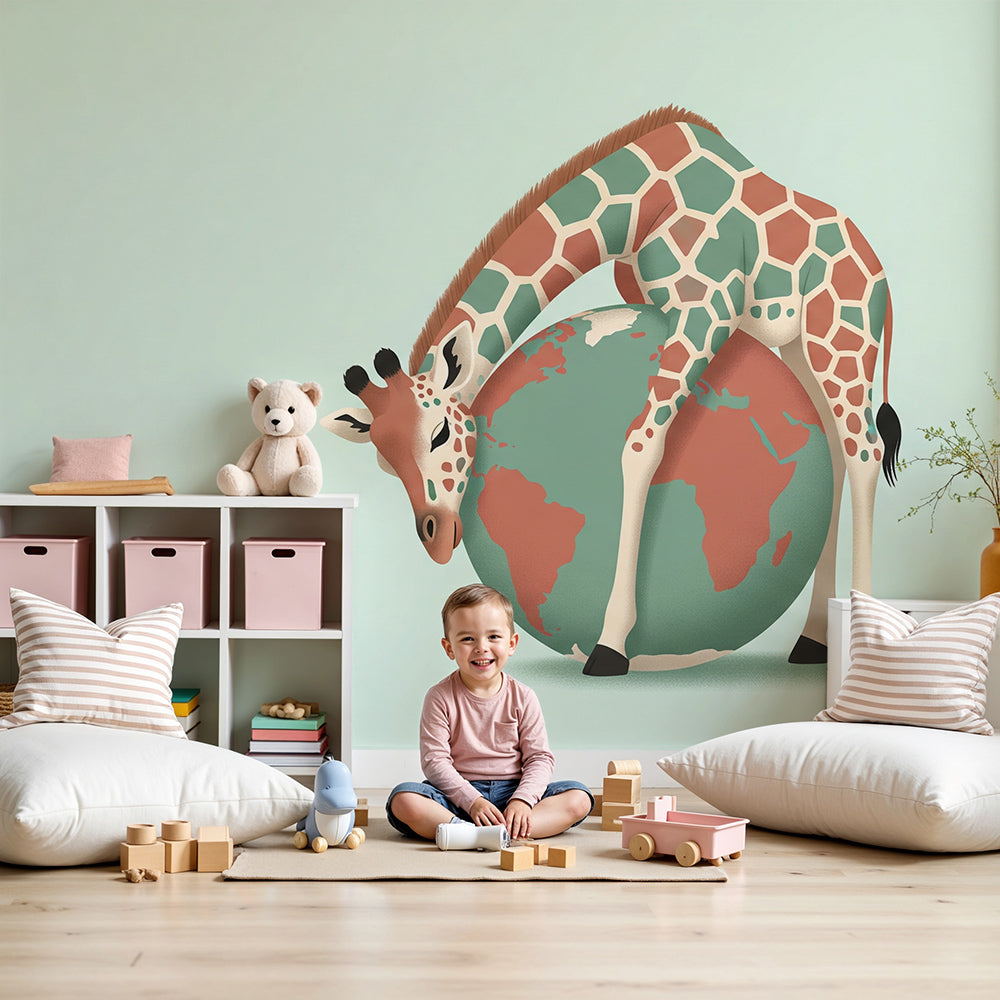 Kids-Mundo giraffe and globe wall mural made to measure in a calm teal nursery