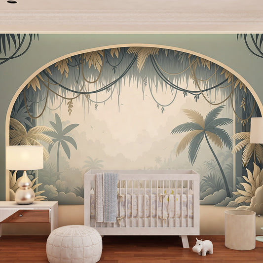 Kids-Mundo jungle archway wall mural featuring giraffes and vines in a calm kids bedroom wall