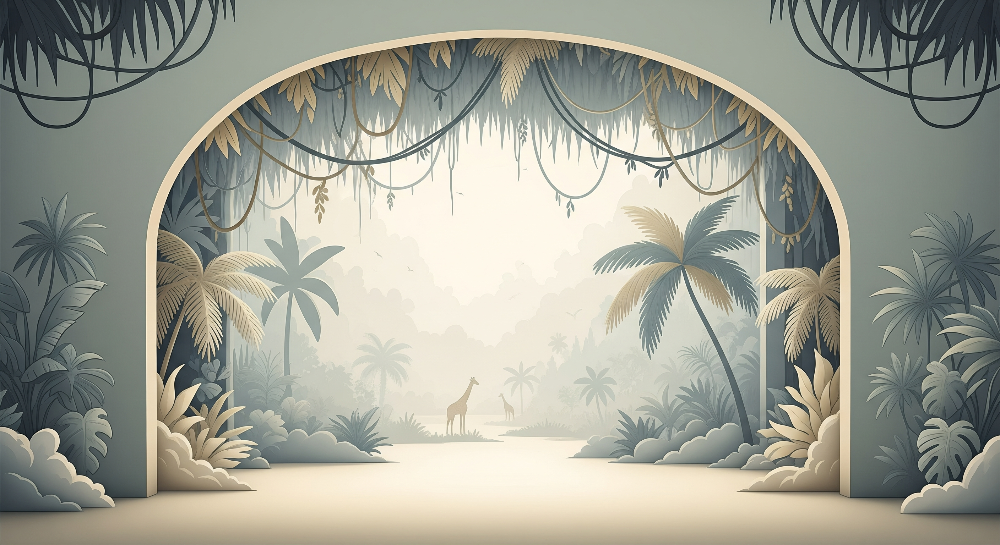Kids-Mundo jungle archway wall mural flat artwork showing a vine-framed arch with two giraffes