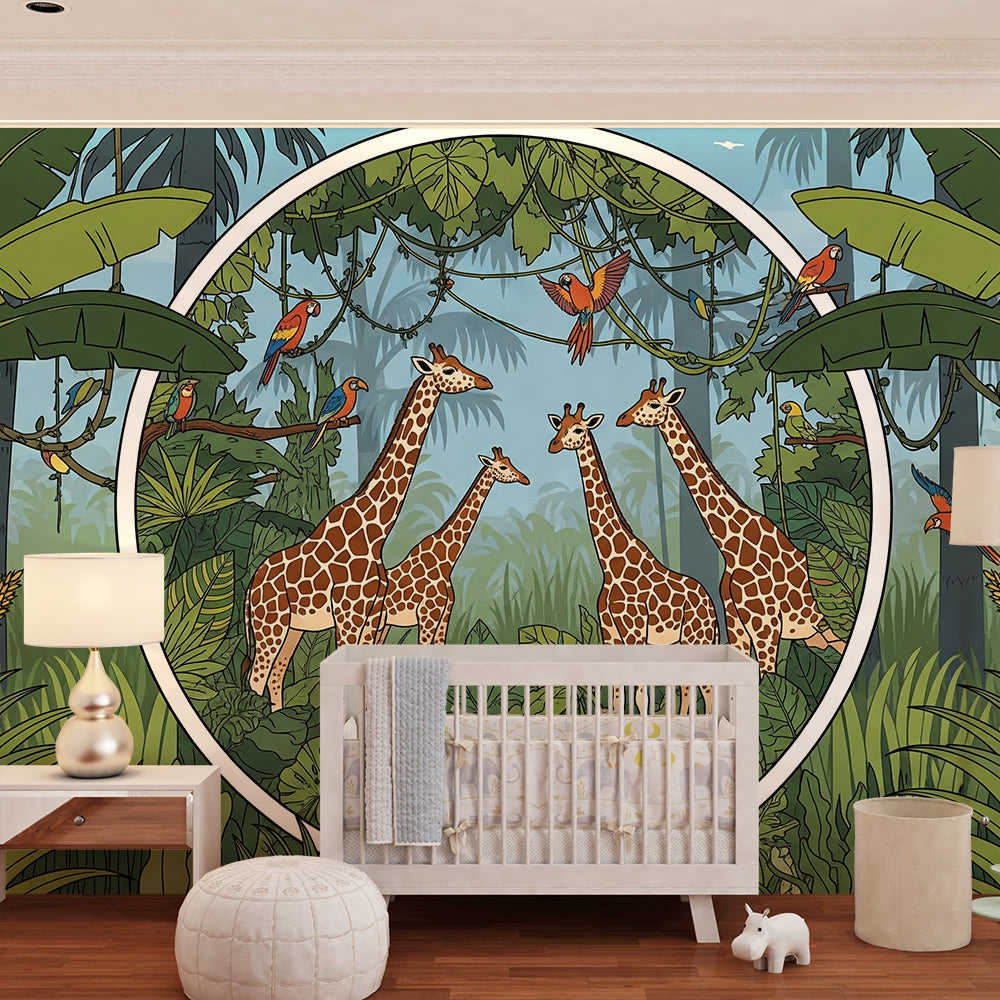 Kids-Mundo giraffe jungle circle wall mural installed as a bright feature wall in a playroom.