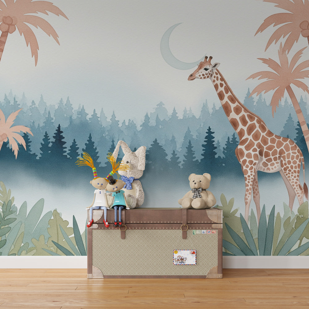 Majestic giraffe mural wallpaper transforming children's bedroom into tropical adventure space