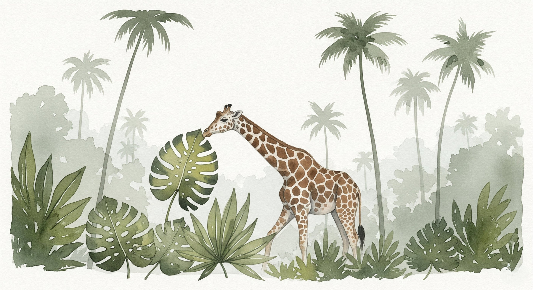 Detailed giraffe and tropical jungle mural wallpaper design pattern by Kids-Mundo