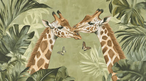 Detailed giraffe jungle mural wallpaper design pattern showing elegant safari animals and tropical vegetation