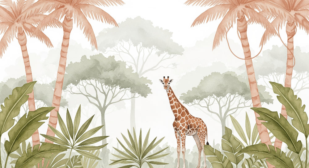 Detailed giraffe jungle mural wallpaper design pattern showing tropical foliage and wildlife by Kids-Mundo