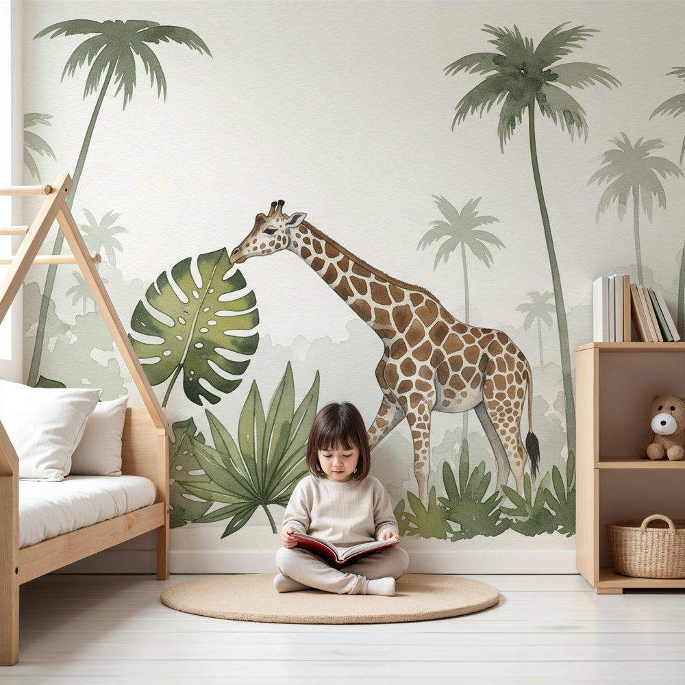 Giraffe jungle mural wallpaper creating tropical safari nursery decor by Kids-Mundo