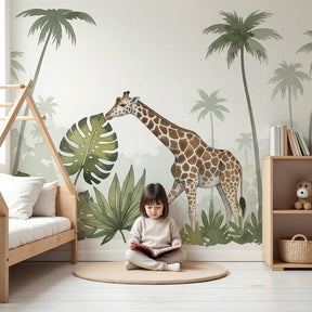 Giraffe jungle mural wallpaper creating tropical safari nursery decor by Kids-Mundo