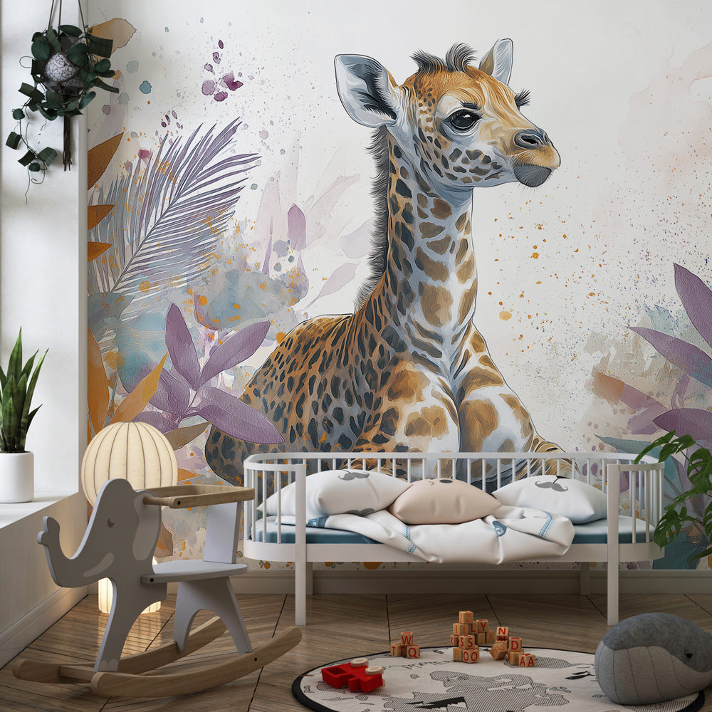 Children's giraffe wallpaper transforming playroom into tropical jungle adventure space