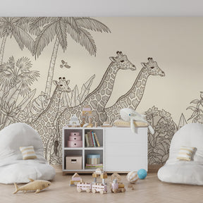 Tropical giraffe mural wallpaper for children's playroom with wildlife theme by Kids-Mundo