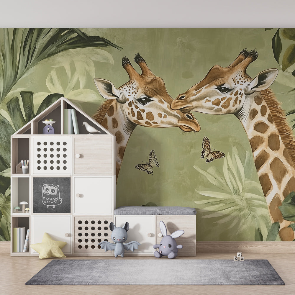 Graceful giraffes and tropical foliage mural wallpaper bringing nature into kids room by Kids-Mundo