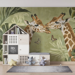 Graceful giraffes and tropical foliage mural wallpaper bringing nature into kids room by Kids-Mundo