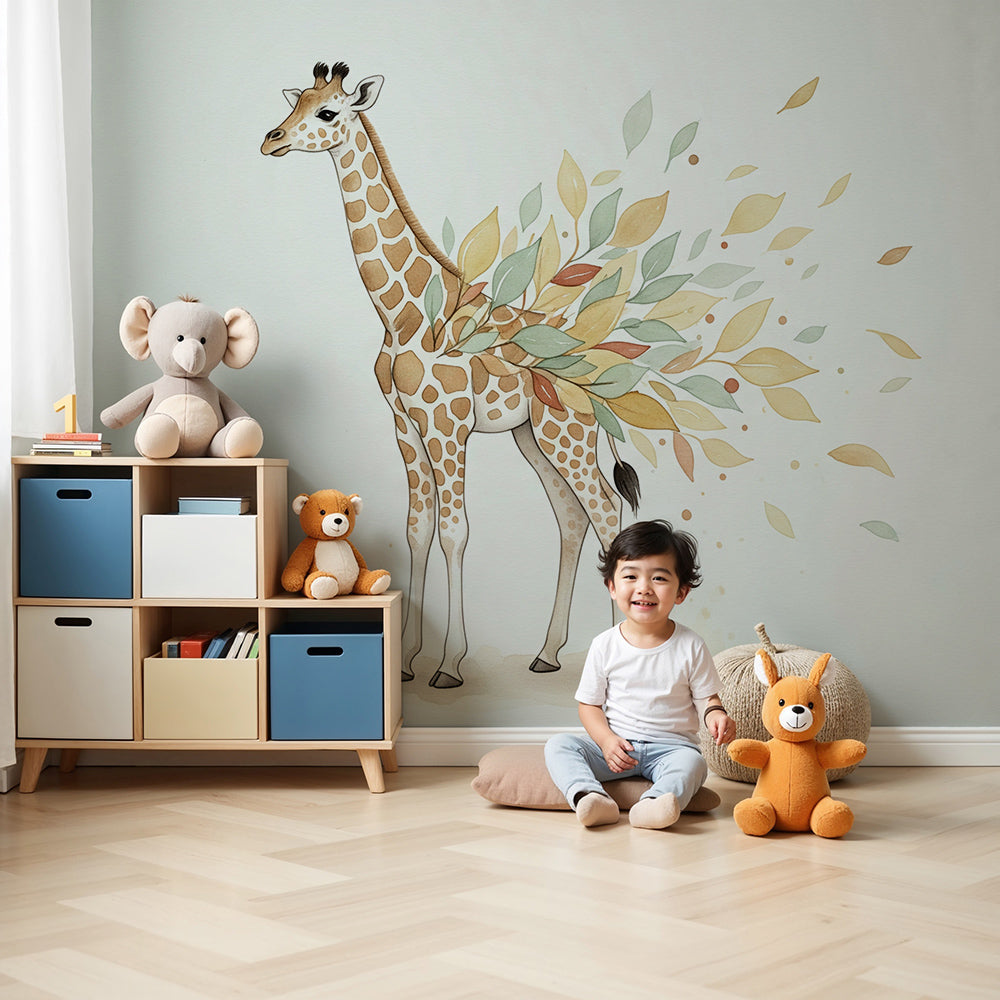 Kids-Mundo watercolour giraffe leaf trail wall mural styled in a calm, airy nursery