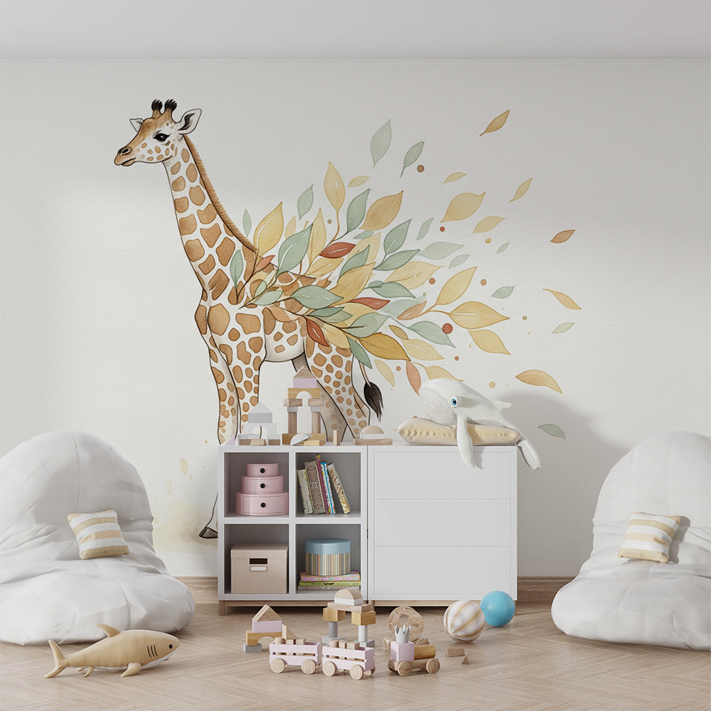 Kids-Mundo giraffe leaf trail wall mural adding gentle colour to a children's playroom