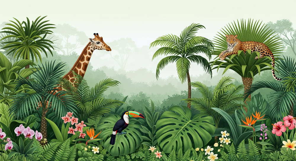 Flat artwork of the Kids-Mundo giraffe, leopard and toucan jungle wall mural with tropical flowers