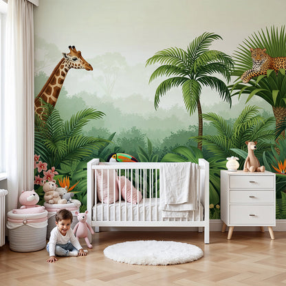 Kids-Mundo giraffe and leopard jungle wall mural behind a cot in a soft green nursery