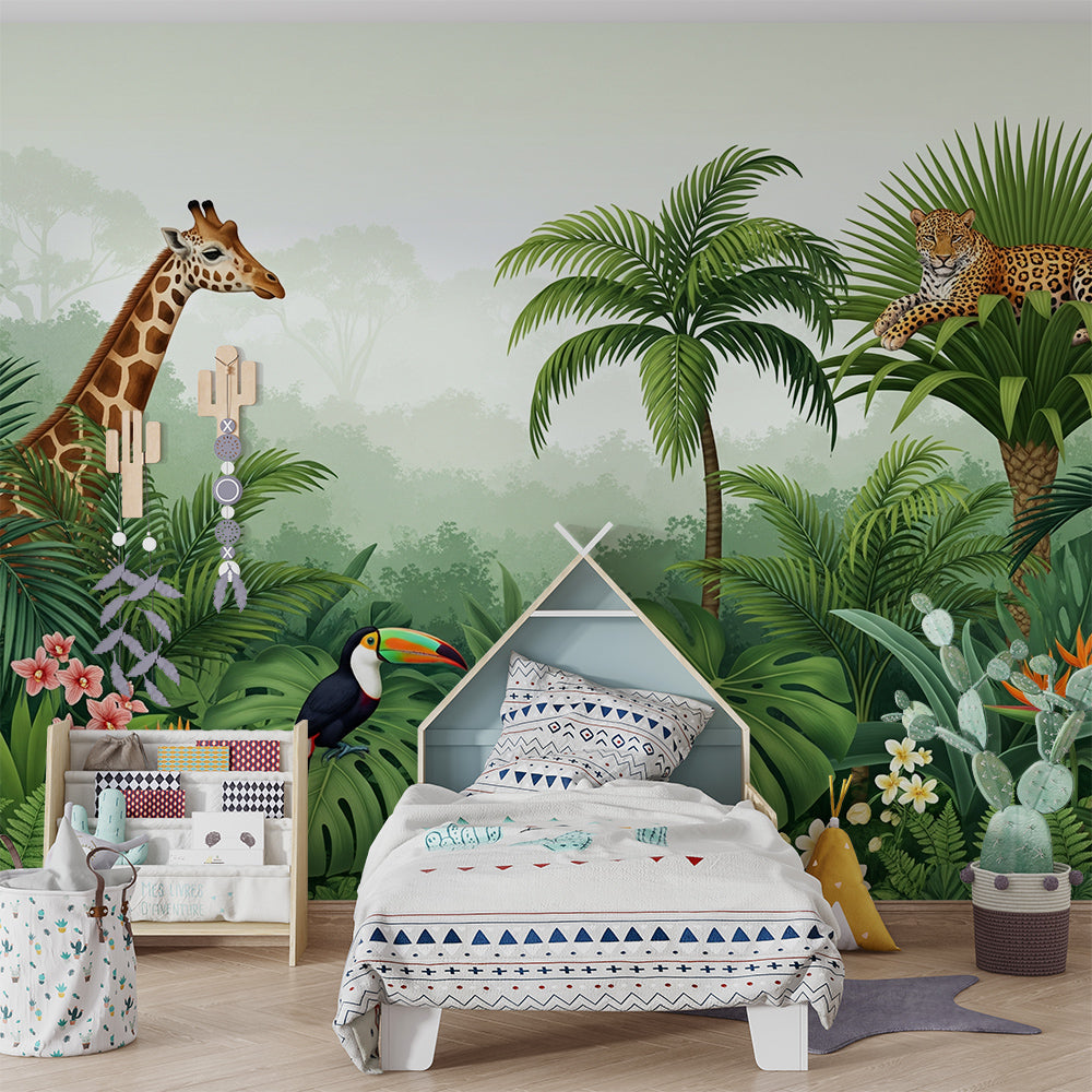 Kids-Mundo giraffe, leopard and toucan mural covering a playroom wall with a rug