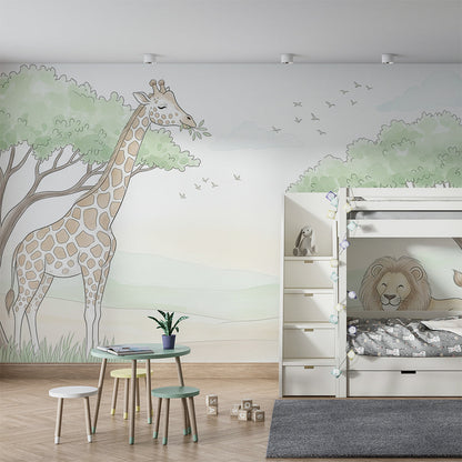 Kids-Mundo safari savanna mural covering a feature wall in a child's bedroom