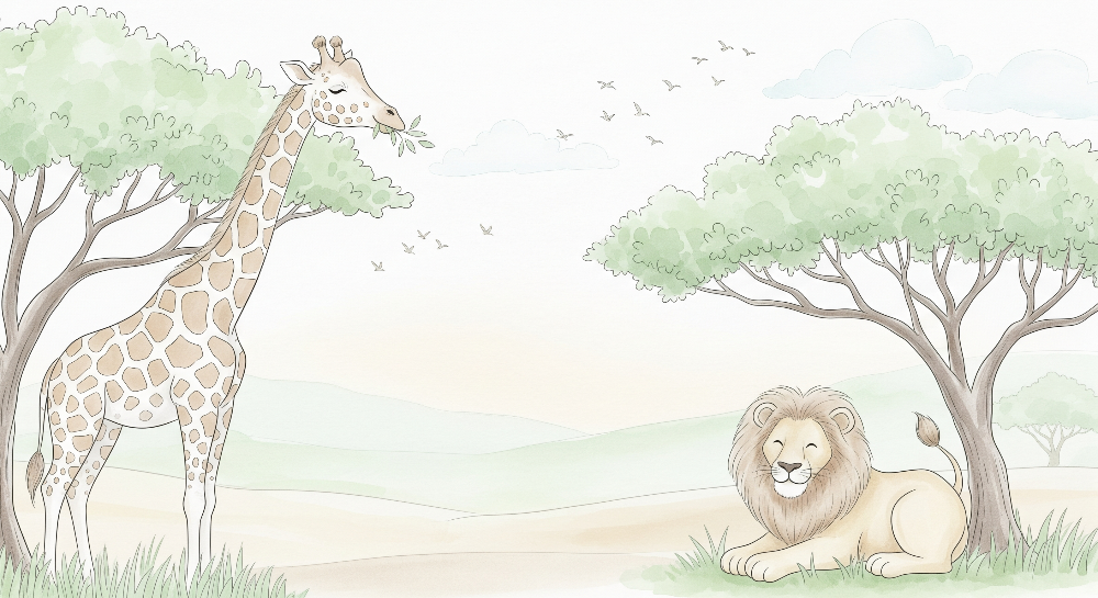Kids-Mundo flat artwork of a giraffe and lion resting beneath acacia trees on a savanna