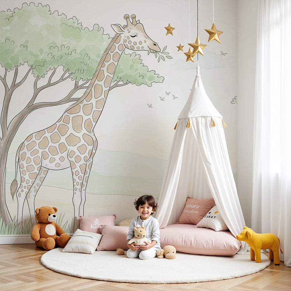 Kids-Mundo giraffe and lion savanna wall mural styled above a cot in a nursery