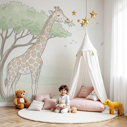 Kids-Mundo giraffe and lion savanna wall mural styled above a cot in a nursery