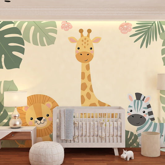 Kids-Mundo safari animal wall mural covering a feature wall in a toddler's bedroom.