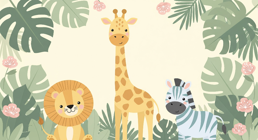 Kids-Mundo flat artwork of a giraffe, lion and zebra safari wall mural design with tropical leaves.