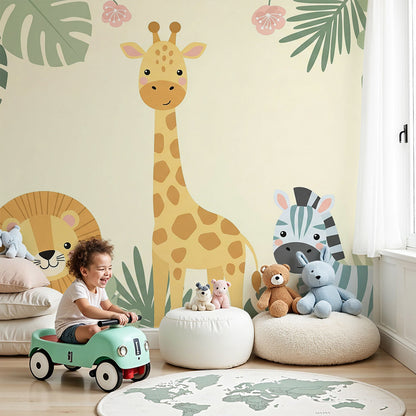 Kids-Mundo giraffe lion and zebra safari wall mural in a soft pastel nursery.