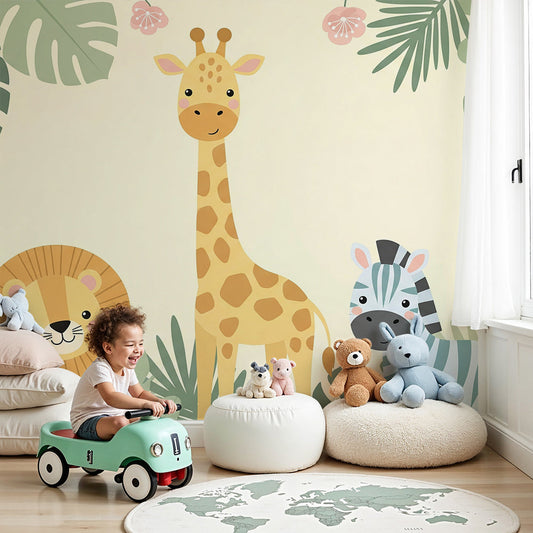 Kids-Mundo giraffe lion and zebra safari wall mural in a soft pastel nursery.