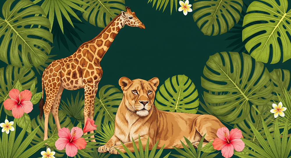 Kids-Mundo flat artwork of a giraffe and lioness resting among lush jungle leaves