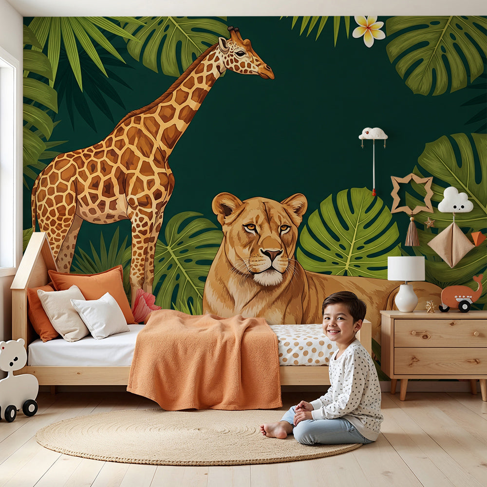 Kids-Mundo giraffe and lioness safari wall mural styled in a child's bedroom