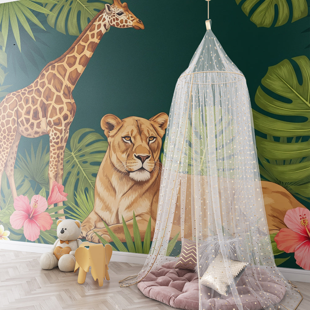 Kids-Mundo giraffe and lioness wall mural set above toy shelving in a playroom