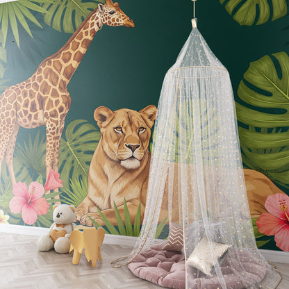 Kids-Mundo giraffe and lioness wall mural set above toy shelving in a playroom